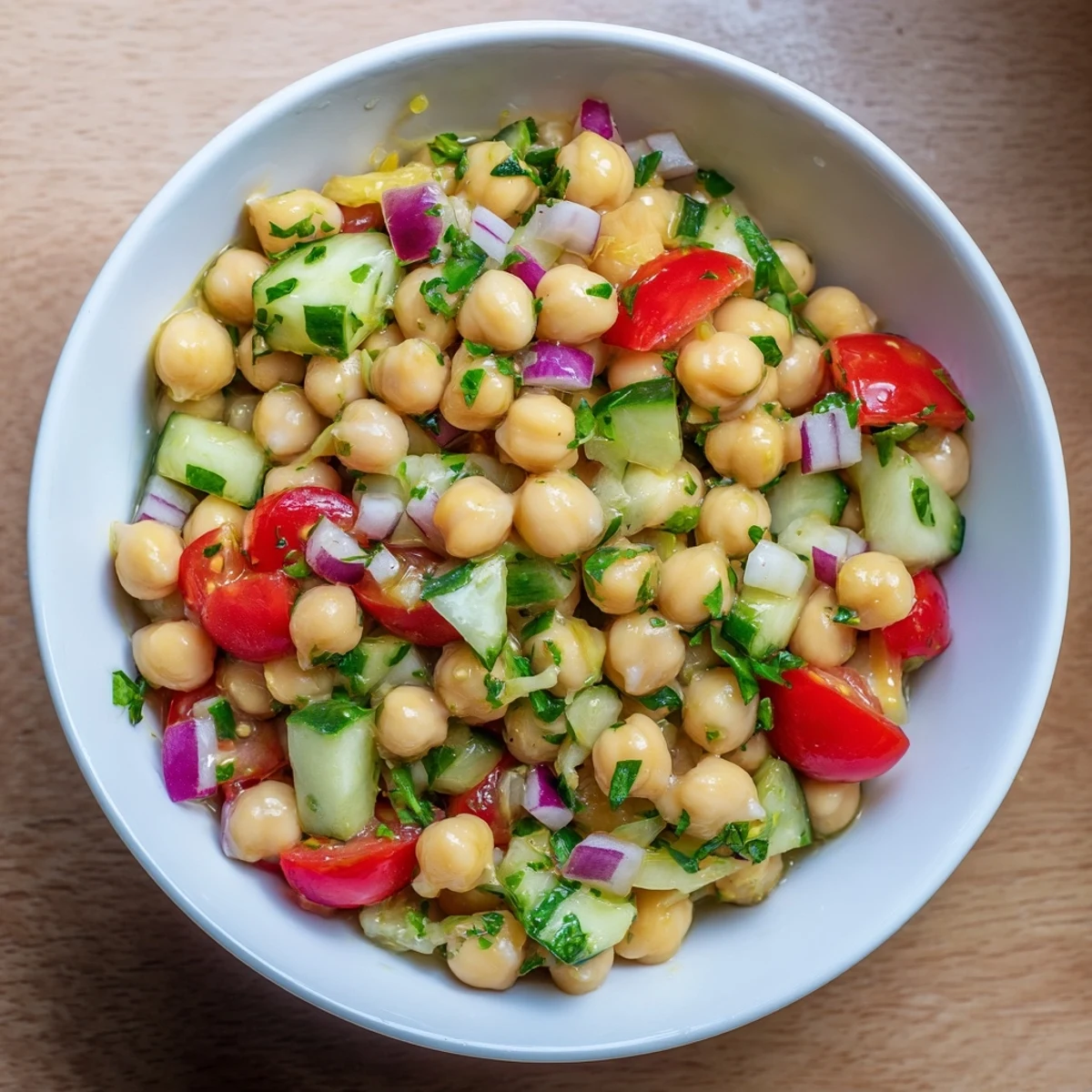 This Fresh Chickpea Salad showcases crisp red onion and bell pepper, ready to serve as a refreshing side.