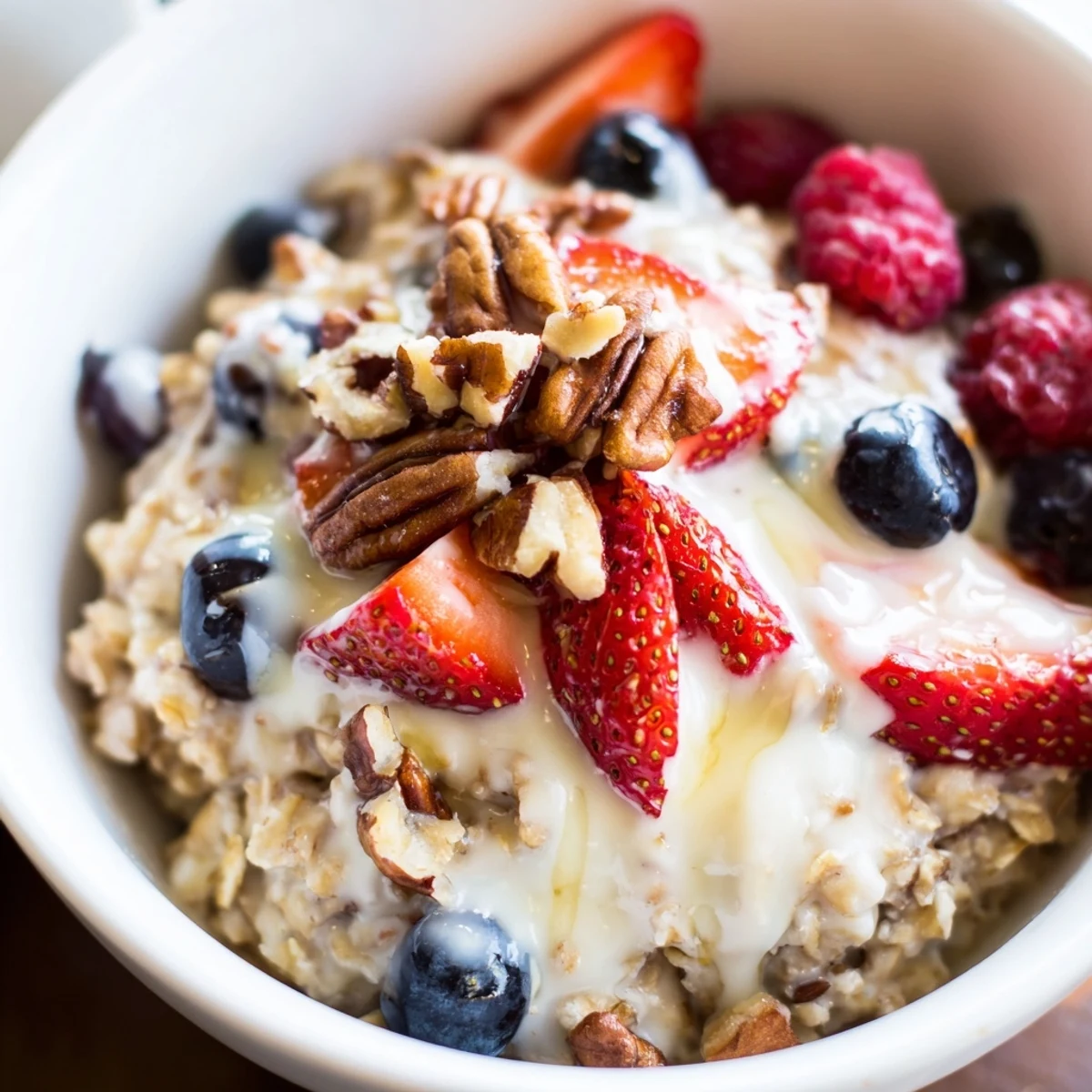 Two servings of Frosted Oat Bowl with vanilla cream cheese glaze, ready to enjoy with a morning coffee.