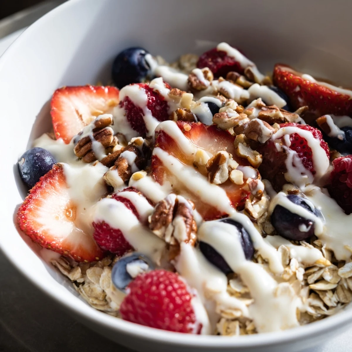 Creamy Frosted Oat Bowl topped with fresh berries, chopped almonds, and sweet glaze on a wooden table.