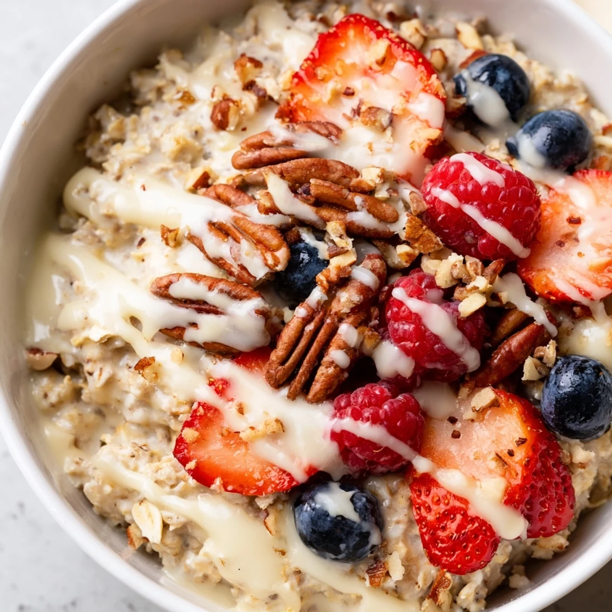 Cold Frosted Oat Bowl drizzled with honey and loaded with strawberries and blueberries for a healthy breakfast.