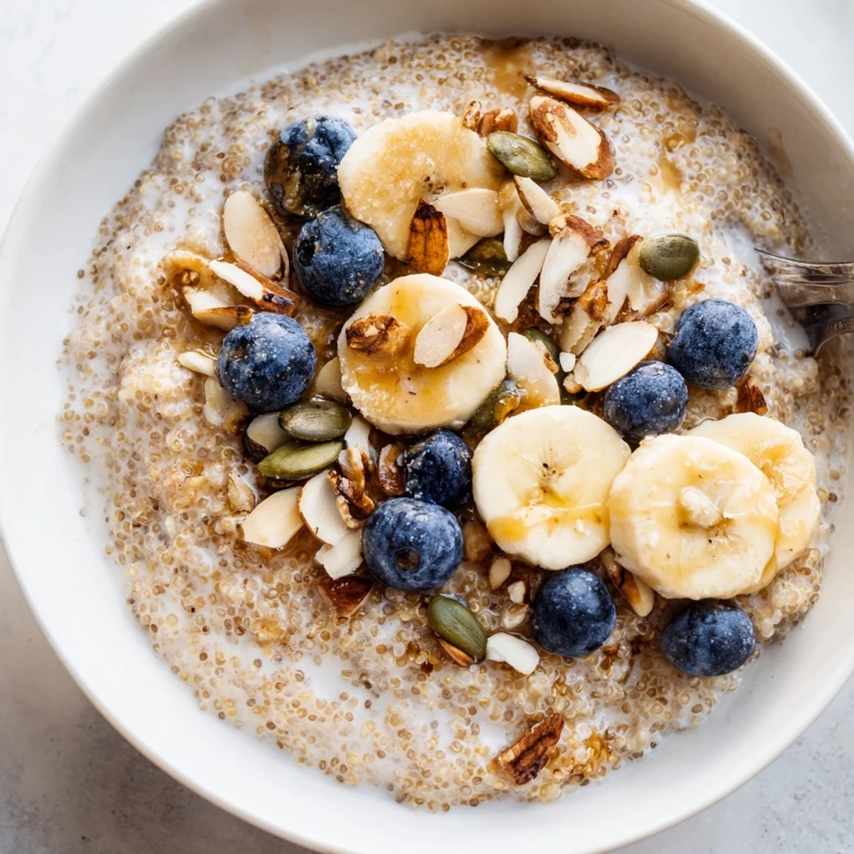 Warm Vegan Quinoa Porridge with banana slices and berries in a ceramic bowl, topped with nuts and seeds. 