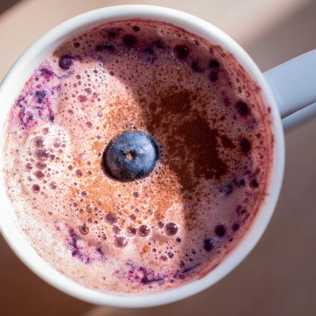 Creamy Warm Berry Smoothie in a rustic mug, garnished with cinnamon, ready for a chilly morning.