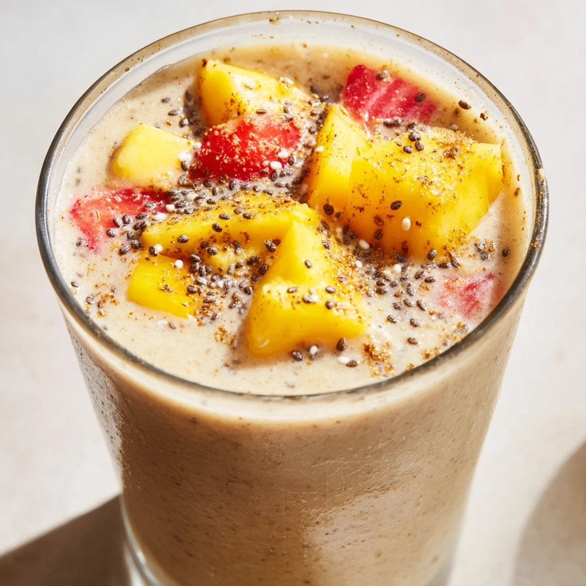 Creamy, orange-hued Seasonal Chickpea Smoothie topped with sliced mango and cinnamon in a tall glass, condensation glistening.