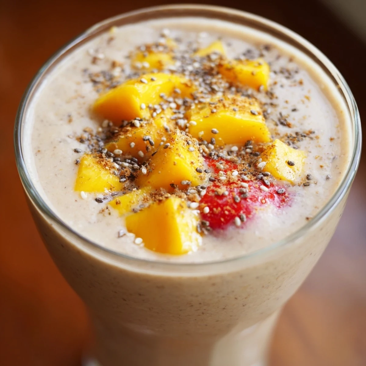 Golden sunrise Seasonal Chickpea Smoothie poured into a stemless glass, garnished with flaxseeds and diced apple for crunch.