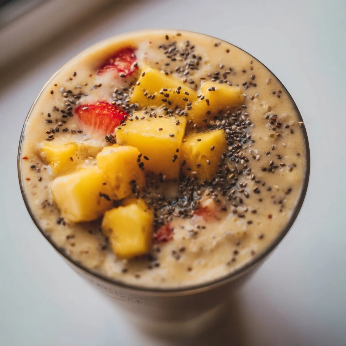 A frothy glass of Seasonal Chickpea Smoothie, blending vanilla, cinnamon, and ripe strawberries with a swirl of nut butter.