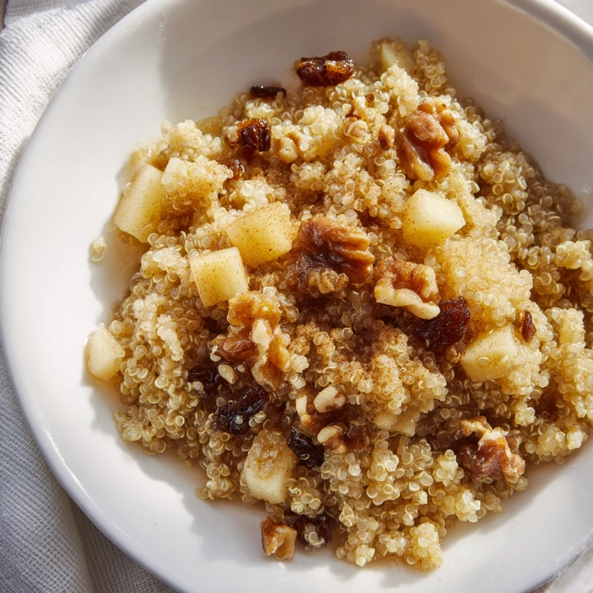 Cozy Quinoa Treat breakfast bowl, creamy with cinnamon and vanilla, ready to enjoy with a splash of milk.
