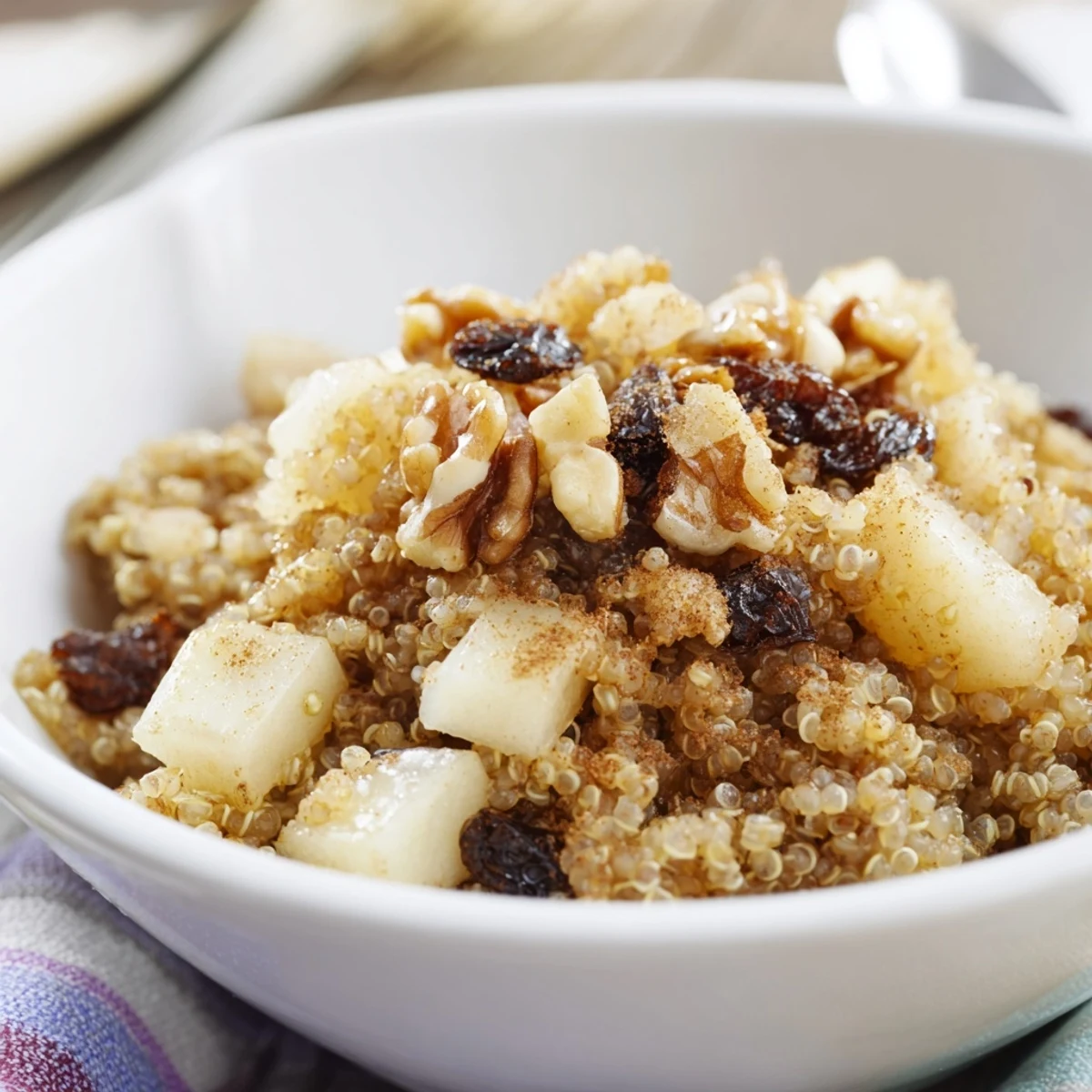 Warm Cozy Quinoa Treat in a rustic bowl, studded with tender diced apples and raisins, topped with toasted pecans.