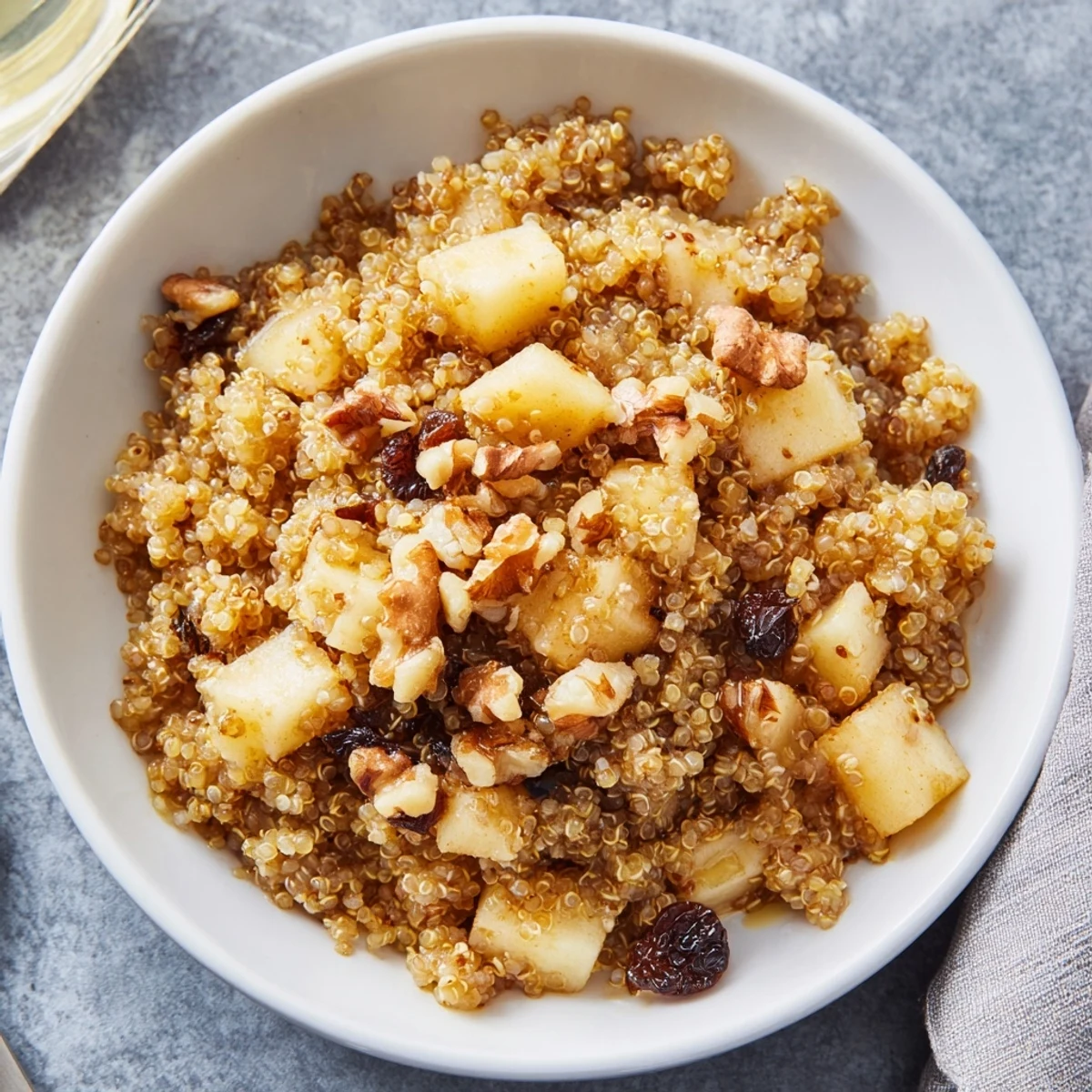 A wholesome Cozy Quinoa Treat snack, featuring fluffy quinoa, sweet apples, and maple syrup, served warm in a ceramic dish.