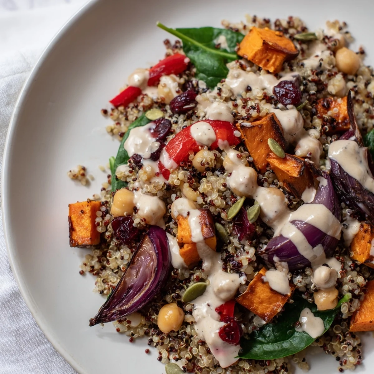 Fluffy quinoa, roasted sweet potatoes, and red peppers tossed with chickpeas and cranberries in this vibrant Cozy Quinoa Salad.