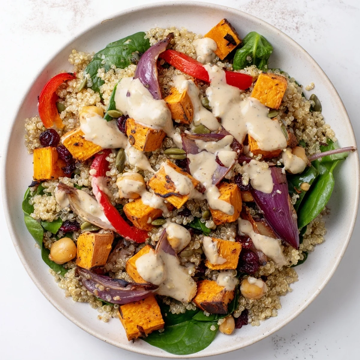 A close-up of Cozy Quinoa Salad shows creamy lemon-tahini drizzle over spinach, pumpkin seeds, and tender roasted vegetables.