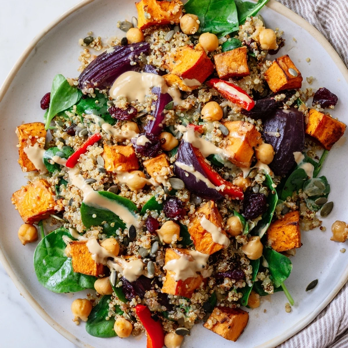 Perfect for meal prep, this Cozy Quinoa Salad is served warm or room temperature with a drizzle of lemon-tahini dressing.
