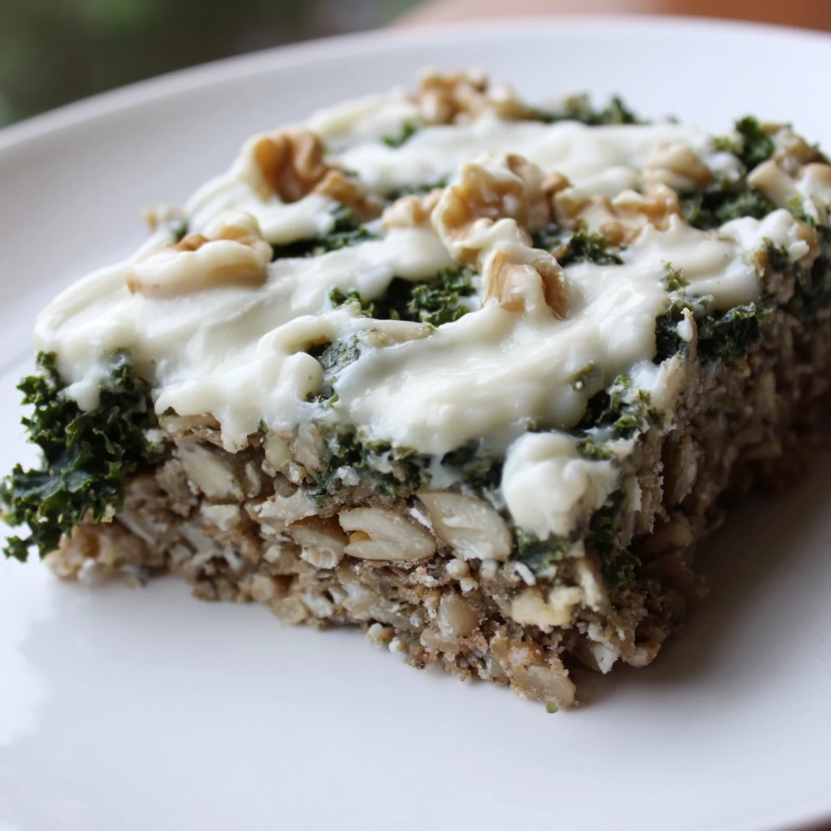 Frosted Kale Bars with creamy vanilla frosting, cut to reveal wholesome oats and kale in every bite.