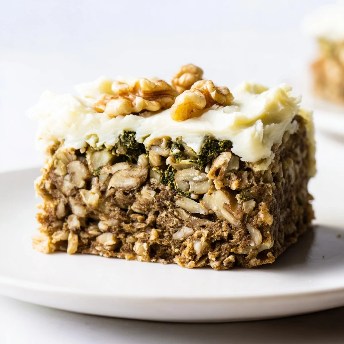 A close-up of chilled Frosted Kale Bars showing chopped walnuts and a thick, smooth frosting layer.