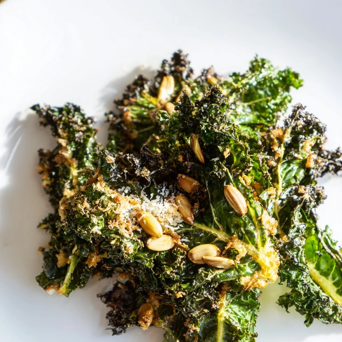 Savory Warm Kale Clusters mixed with parmesan and seeds are served as a healthy gluten-free appetizer. 