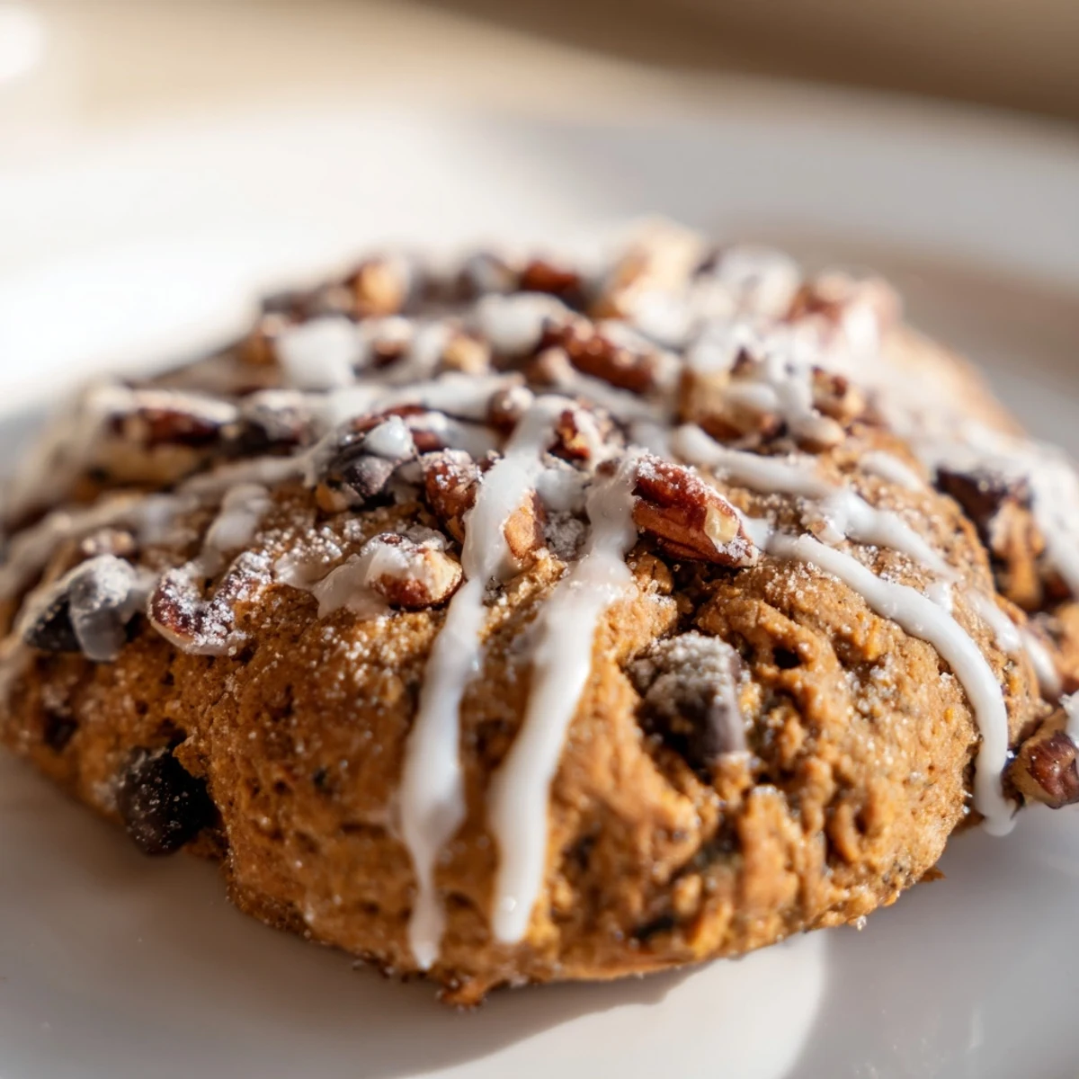 Soft spiced New Year Pumpkin Cookies drizzled with white glaze, paired with a steaming mug of coffee.