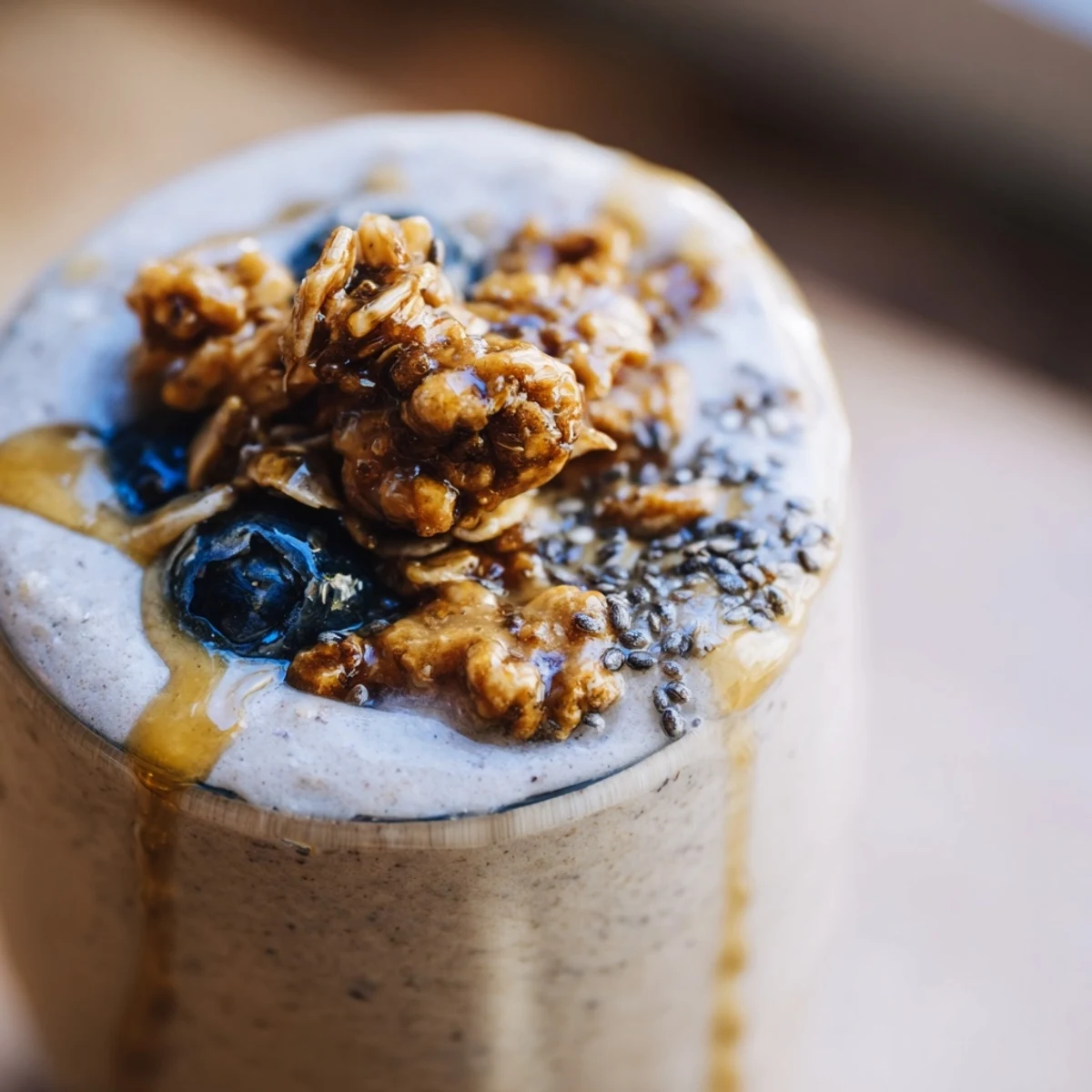 Top-down view of a blender pitcher brimming with purple Seasonal Maple Smoothie, surrounded by fresh apples and blueberries.