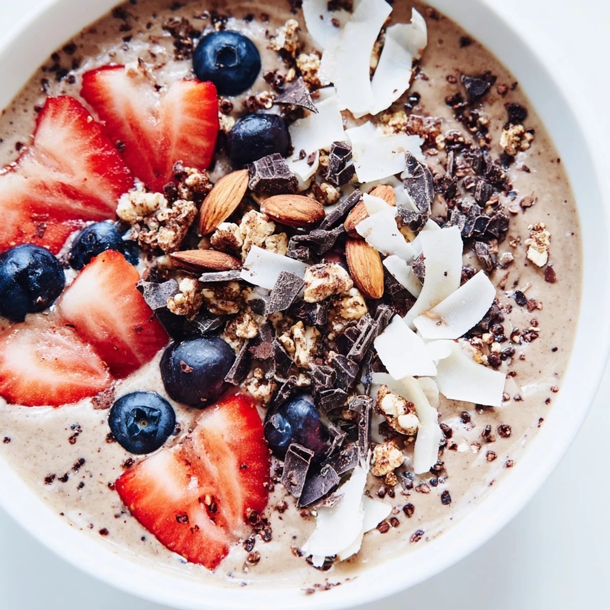 Freshly blended Seasonal Cacao Bowl topped with vibrant berries, sliced kiwi, crunchy granola, and cacao nibs for a nutritious breakfast.