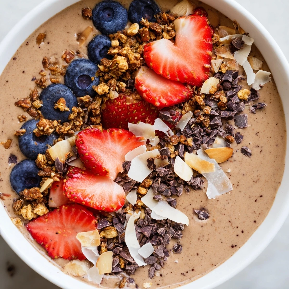 Creamy Seasonal Cacao Bowl garnished with mango chunks, roasted pumpkin seeds, and dark chocolate shavings served in a rustic ceramic bowl.