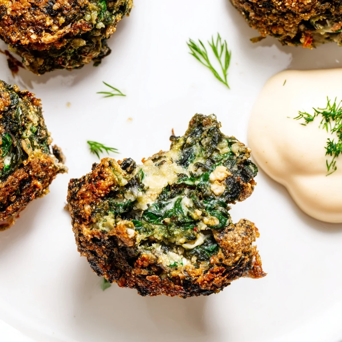 Savory Vegan Spinach Clusters seasoned with cumin and paprika, served with a creamy vegan yogurt dip.