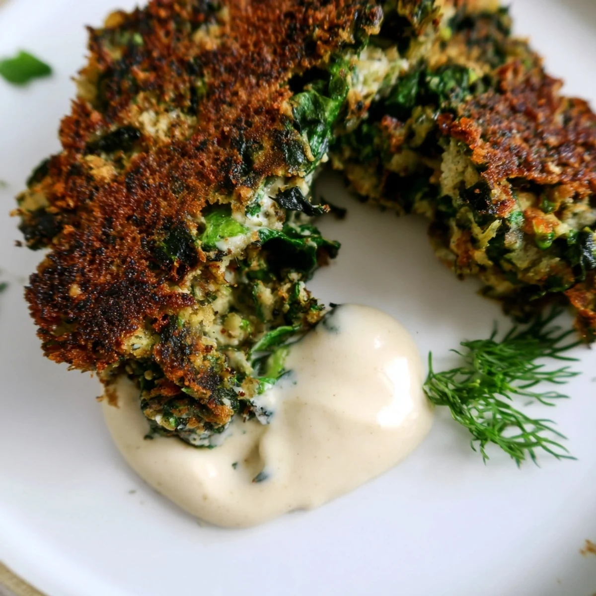 Golden-baked Vegan Spinach Clusters with a crispy exterior and tender, herb-flecked center on a white plate.