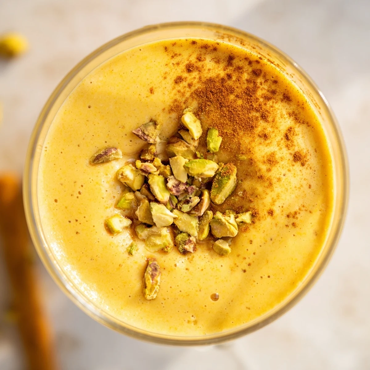 Creamy Festive Chickpea Smoothie in a glass, topped with chopped pistachios and a dusting of cinnamon.