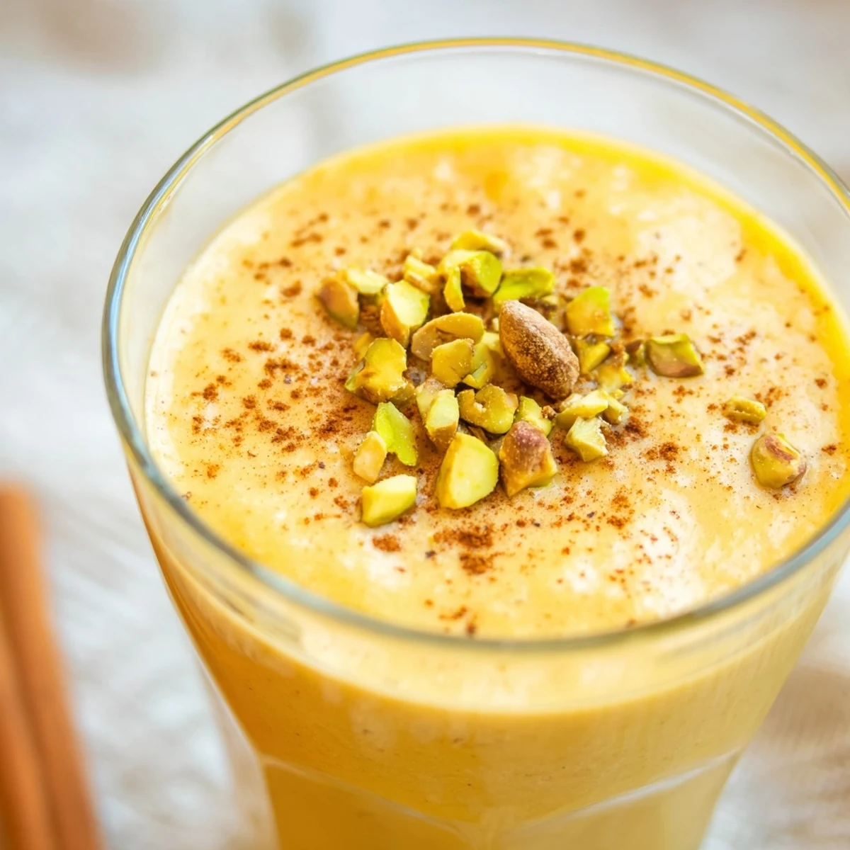 Two glasses of Festive Chickpea Smoothie garnished with pistachios, served beside fresh mango and a cinnamon stick.