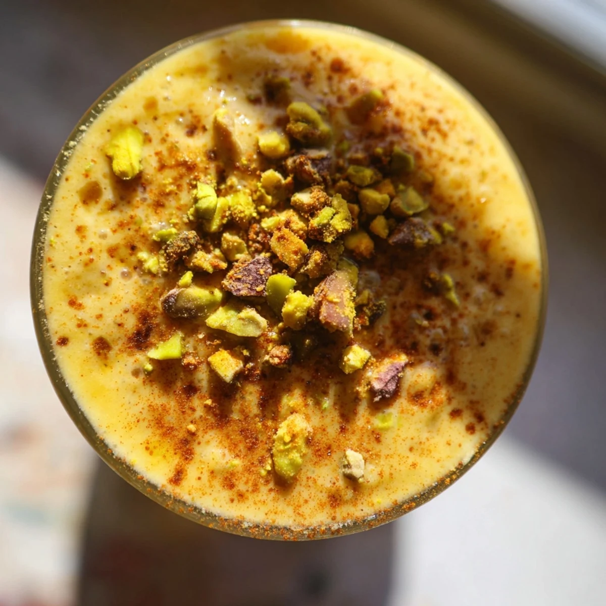 Vegan Festive Chickpea Smoothie in a blender pitcher, showing a creamy texture with warm spices and fruit.