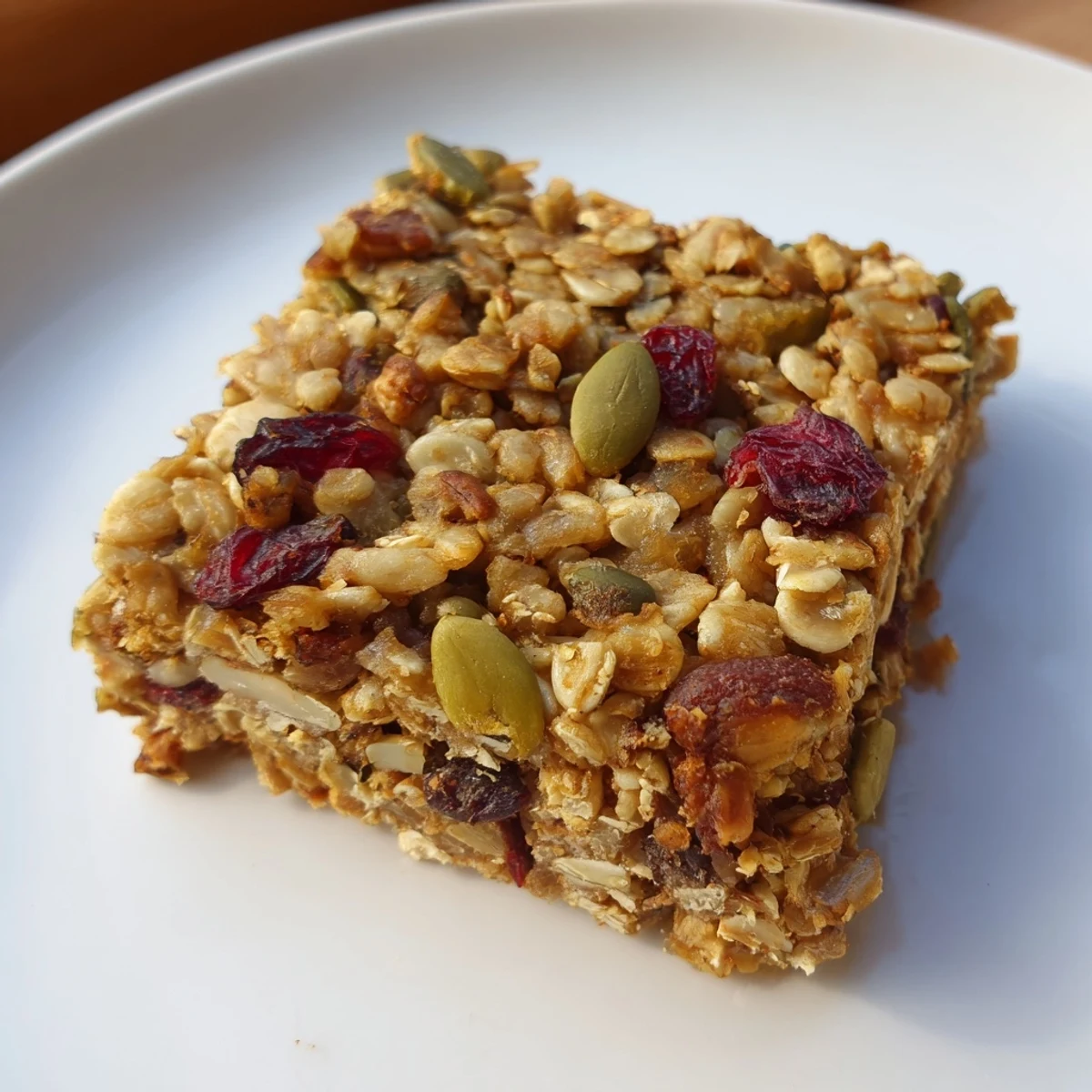 Golden-brown Vegan Oat Bars studded with chopped nuts and dried fruit, cut into squares on a wooden board.