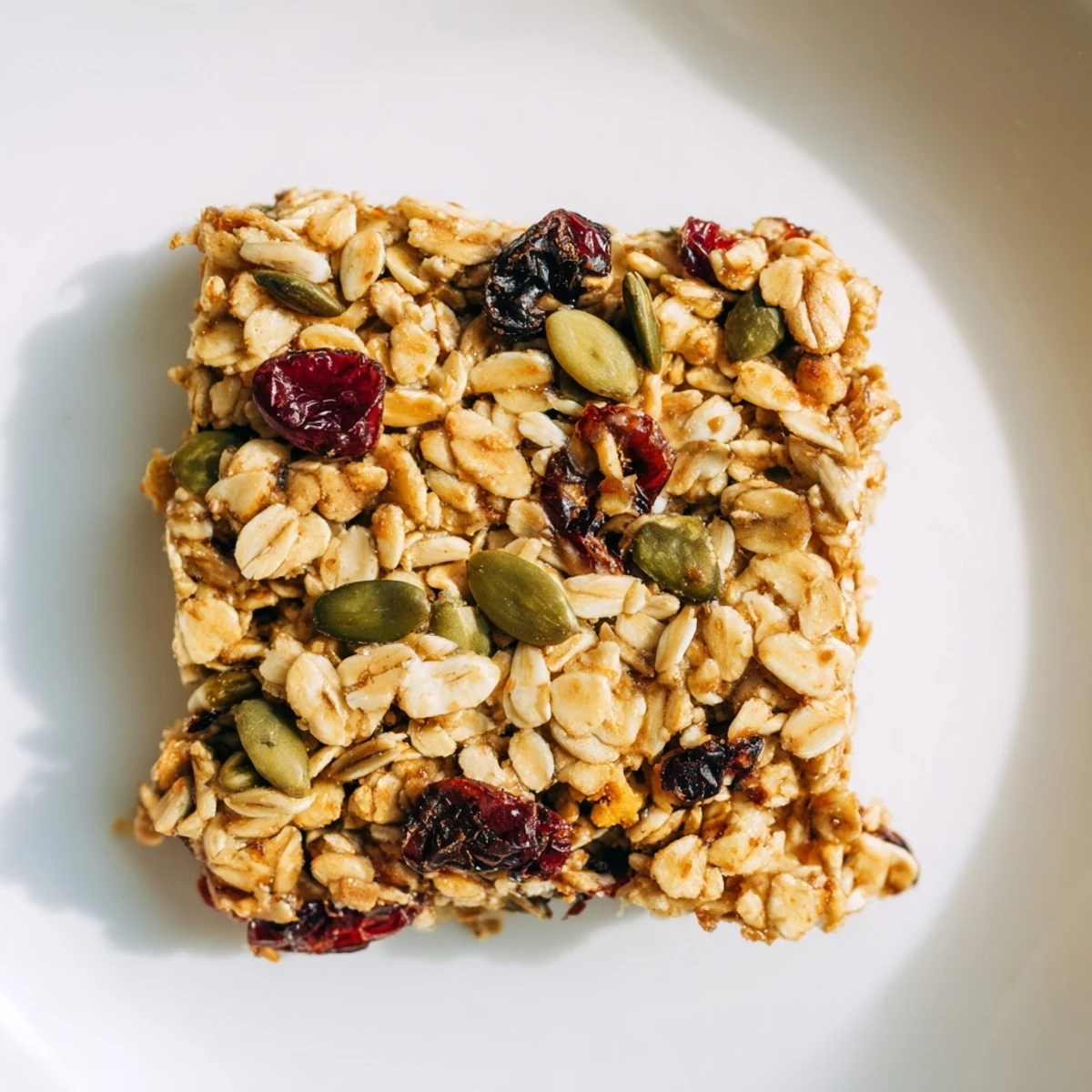Freshly baked Vegan Oat bars layered with seeds and sticky maple syrup, sliced on a rustic plate.