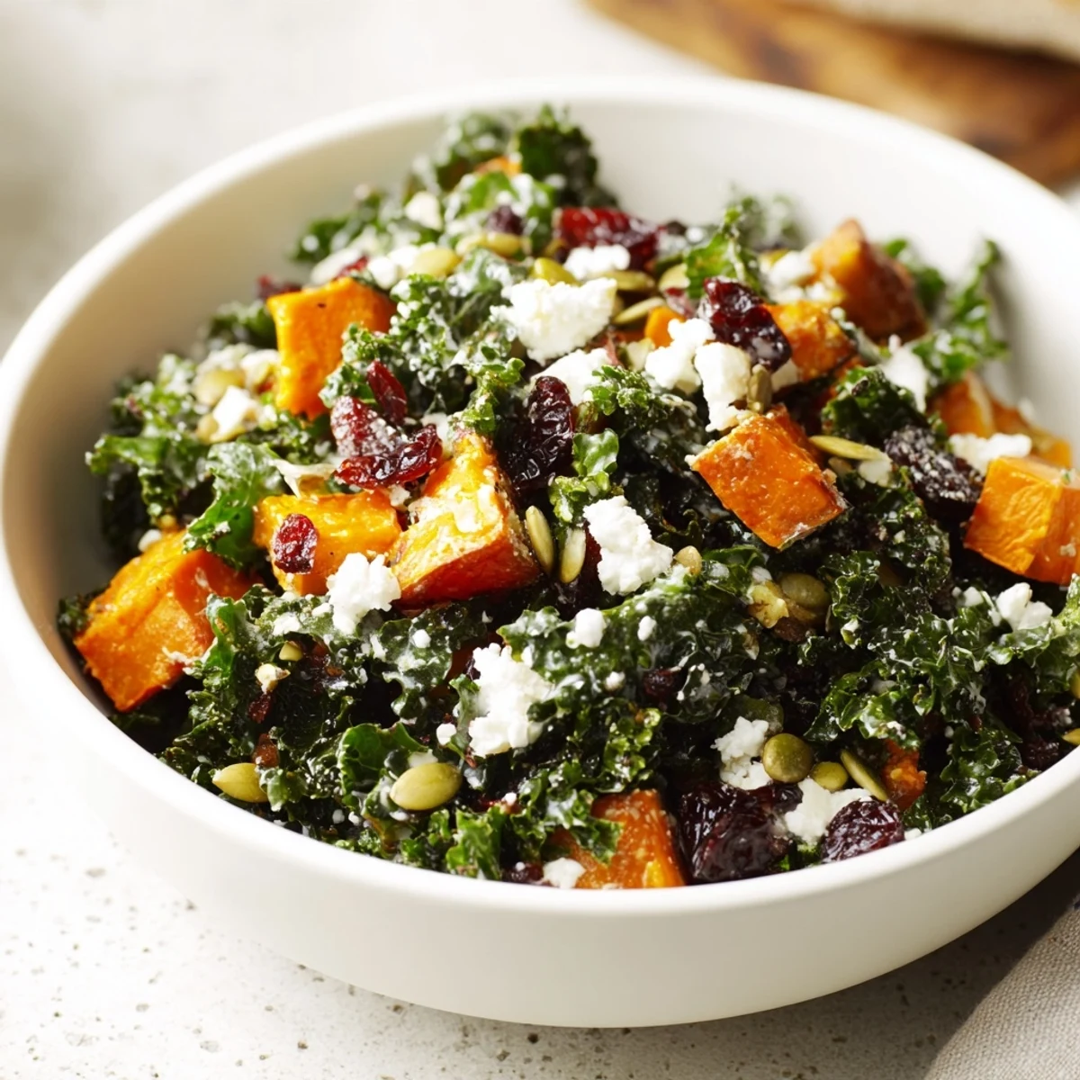 Four colorful Seasonal Kale Bowls with massaged kale, roasted vegetables, grains, and tahini dressing for a wholesome meal.