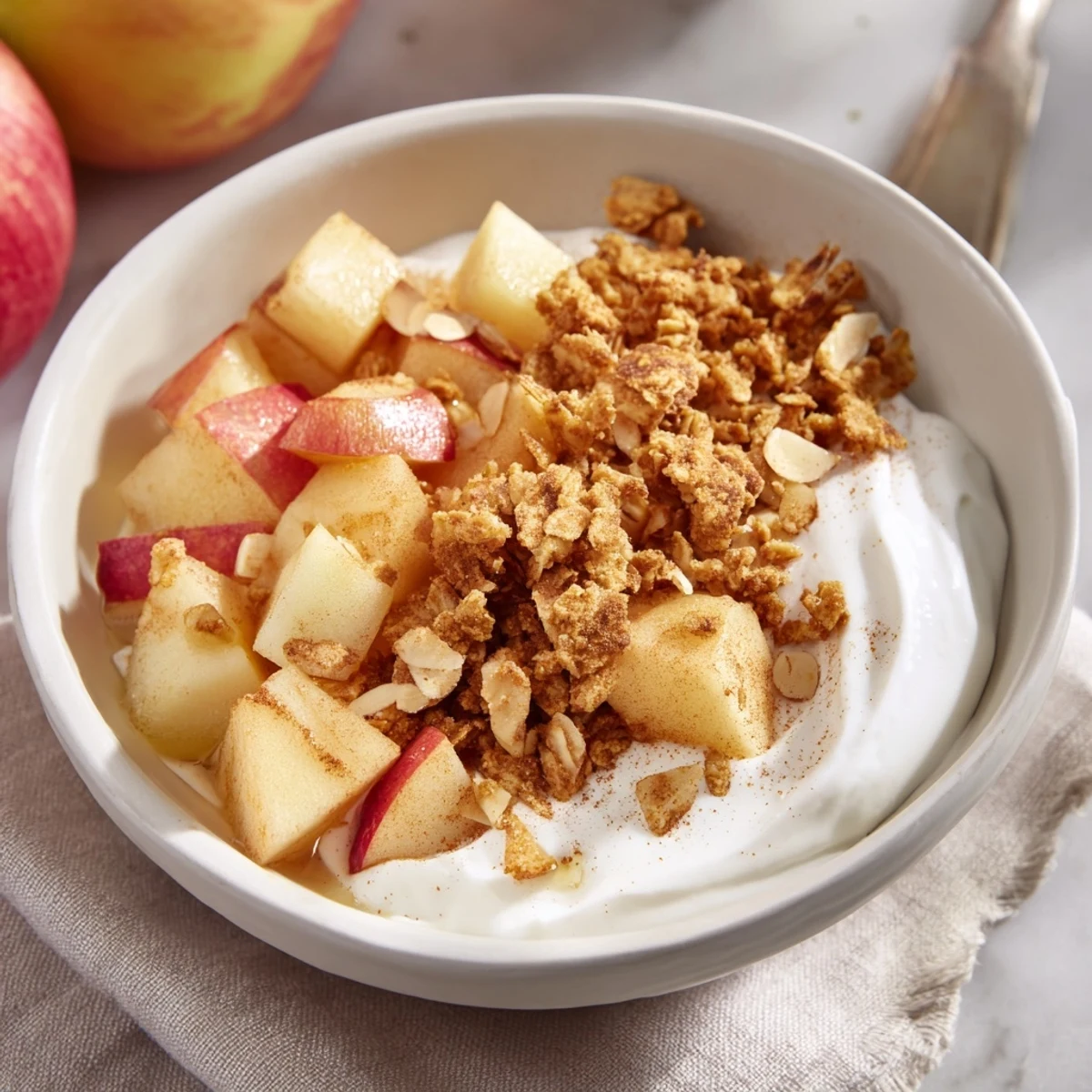 Fresh Apple Bowl breakfast bowl topped with creamy yogurt, crunchy granola, and a drizzle of honey for a sweet finish.
