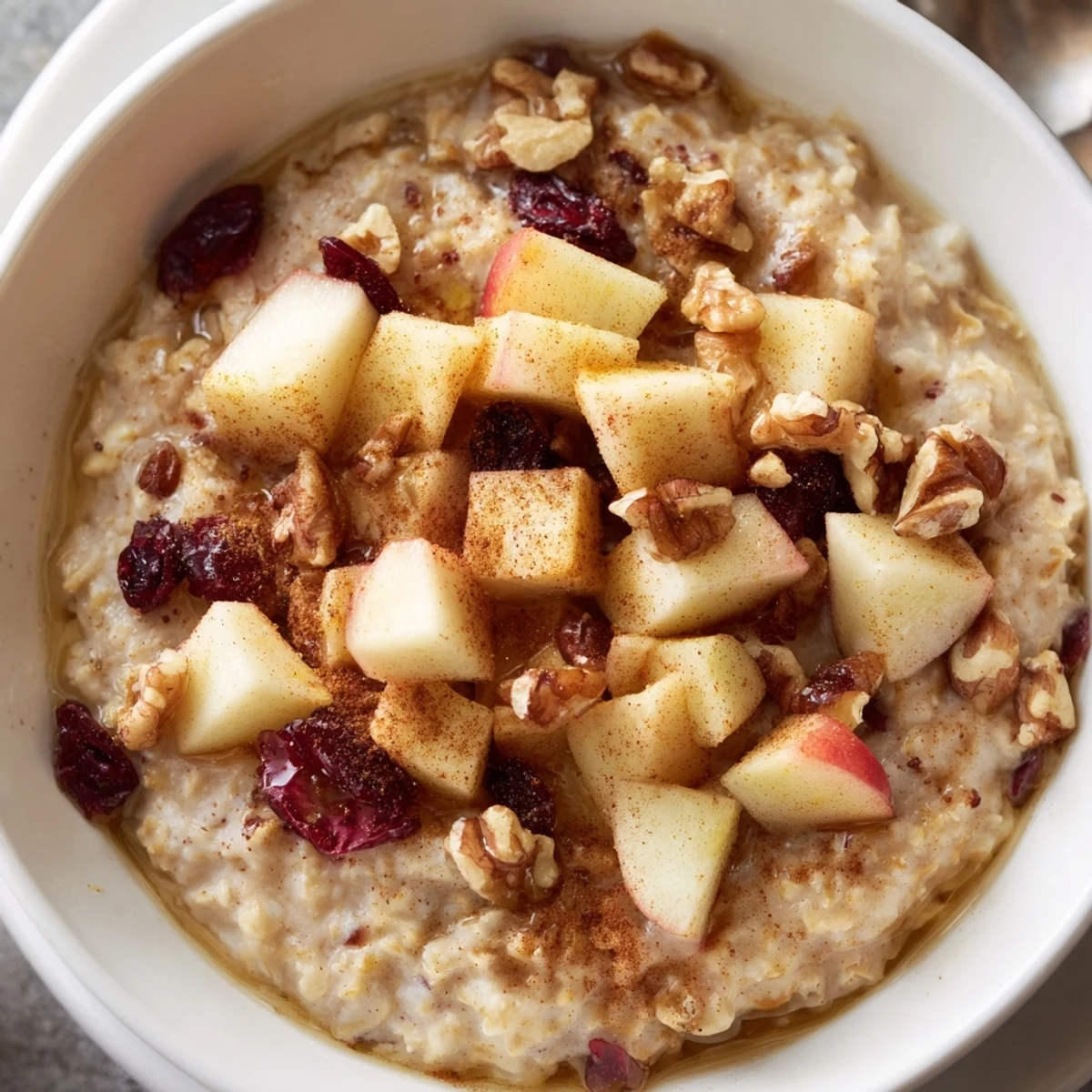 A rustic bowl of Warm Apple Porridge topped with walnuts and raisins beside a honey drizzle.