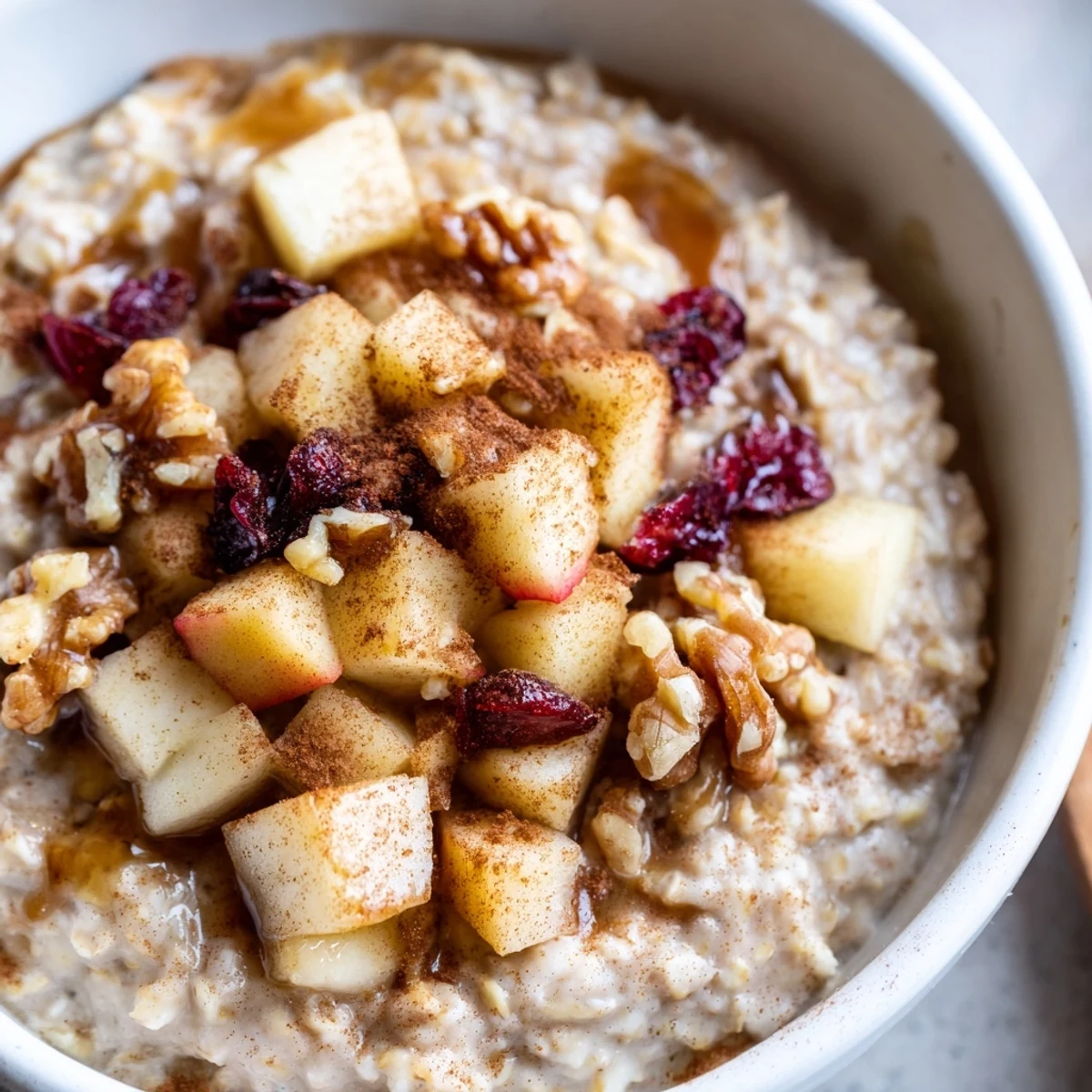 Creamy Warm Apple Porridge steaming in a bowl with tender diced apples and a cinnamon-dusted top.