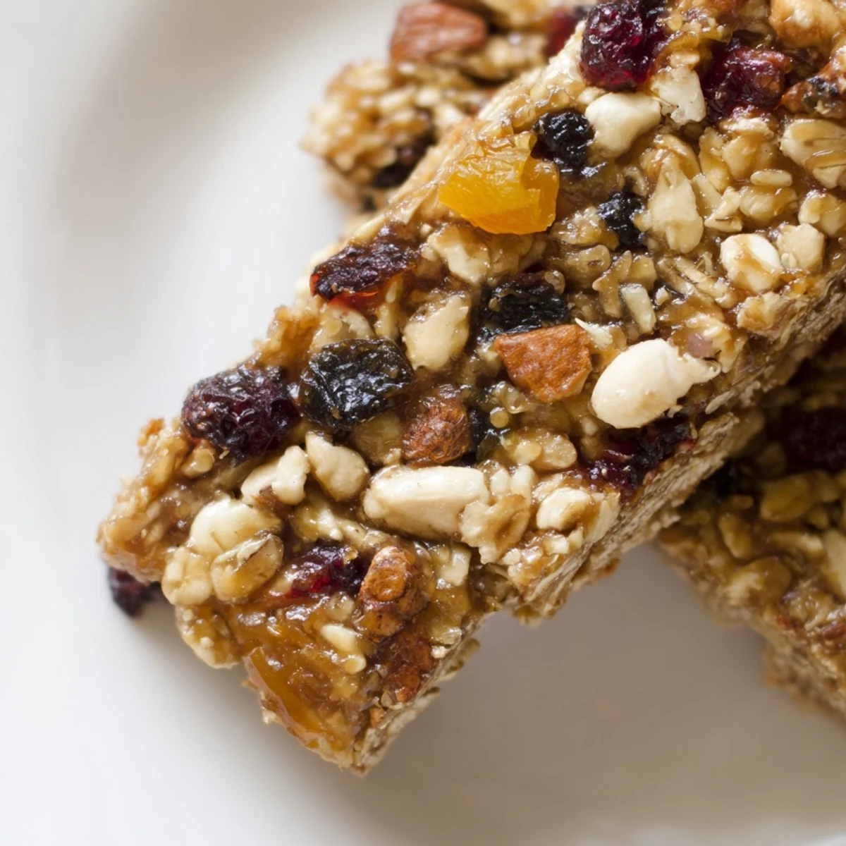 Freshly baked Wholesome Oat Treat bars are stacked high on a rustic wooden cutting board.