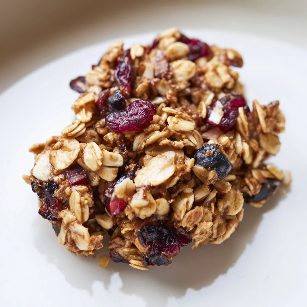 Golden brown Cozy Berry Clusters cooling on a baking sheet, featuring rolled oats, mixed nuts, and dried berries.