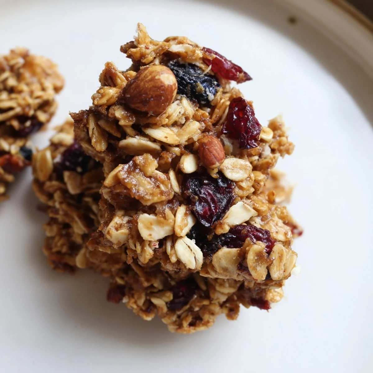 Stacked Cozy Berry Clusters on a rustic plate, ready to serve with a steaming mug of coffee.
