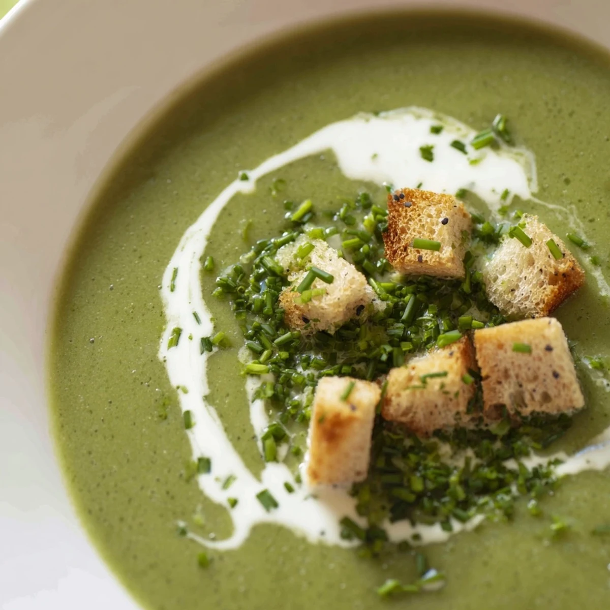 Steaming bowl of Frosted Kale Soup topped with chives and croutons.
