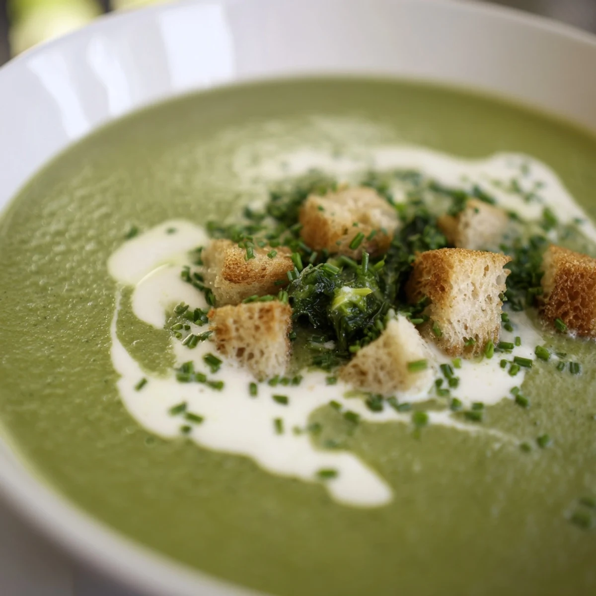 Freshly blended Frosted Kale Soup served with crusty bread alongside.