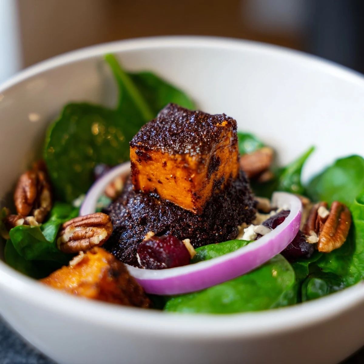 Roasted sweet potatoes and toasty pecans rest on baby spinach in this Cozy Cacao Salad, drizzled with creamy vinaigrette.