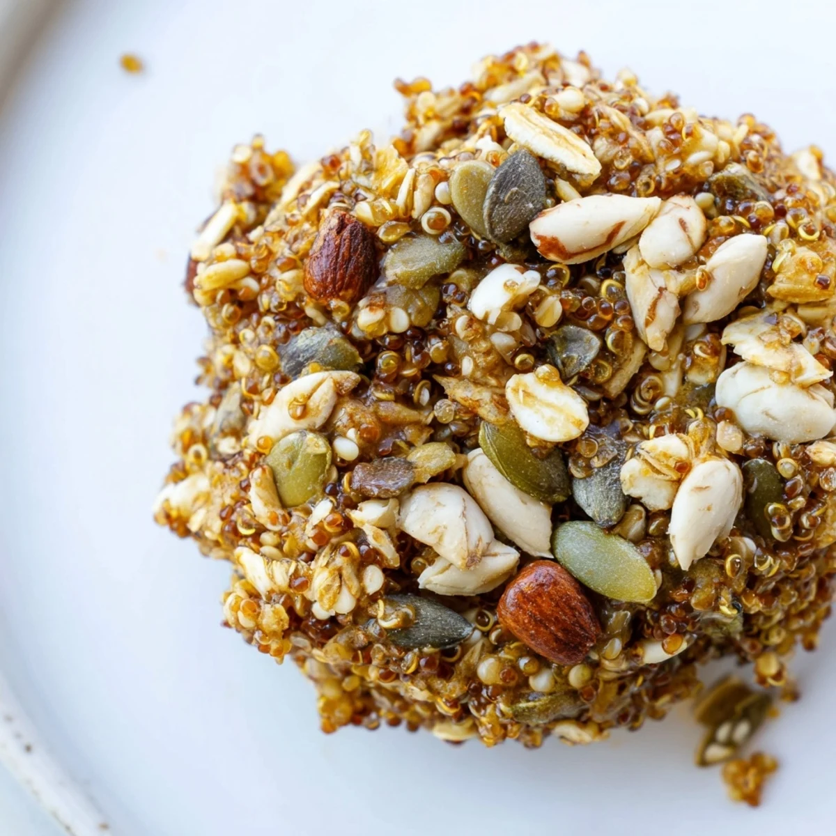 Golden-brown Wholesome Quinoa Clusters, baked with almonds and seeds, perfect for a healthy snack or breakfast yogurt topping.