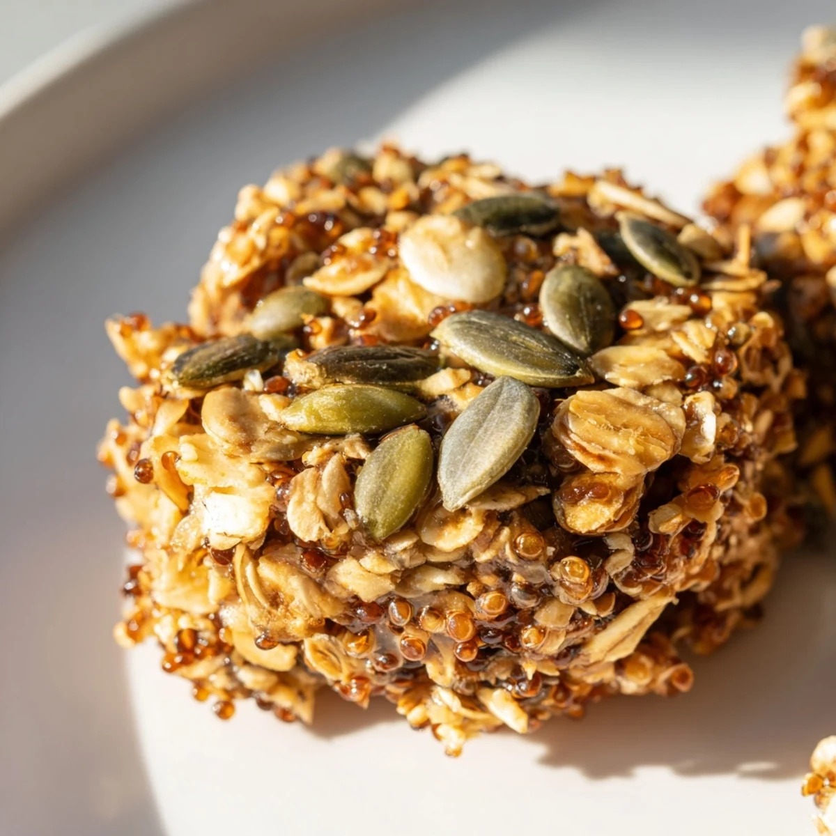Crisp Wholesome Quinoa Clusters cooling on parchment, featuring oats, pumpkin seeds, and a hint of cinnamon spice.
