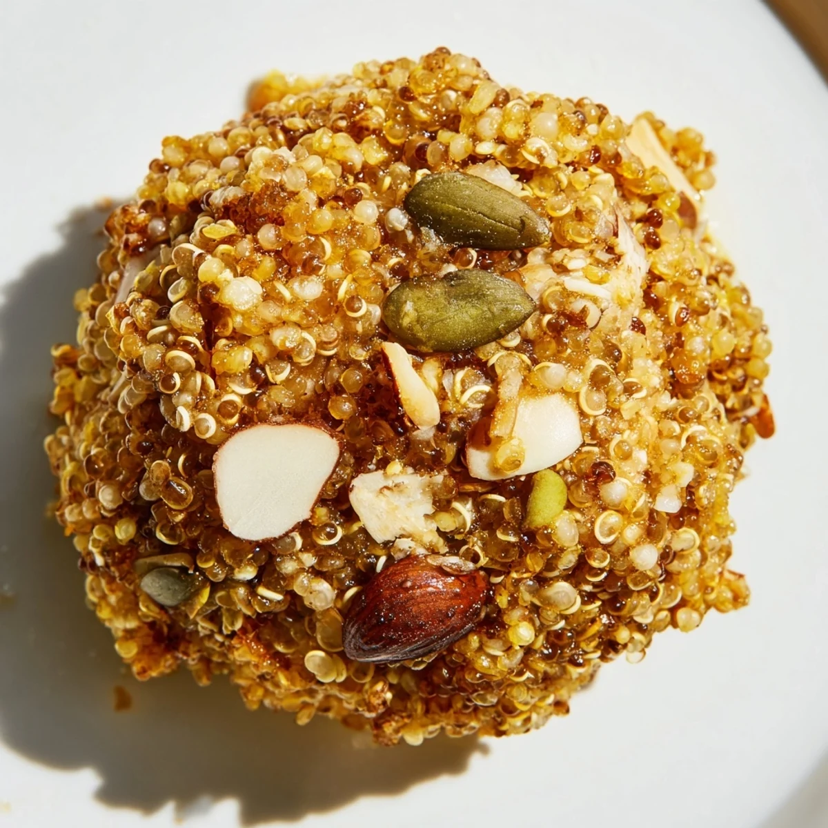 Freshly baked Wholesome Quinoa Clusters with sunflower seeds and drizzle, ideal for gluten-free snacking on the go.