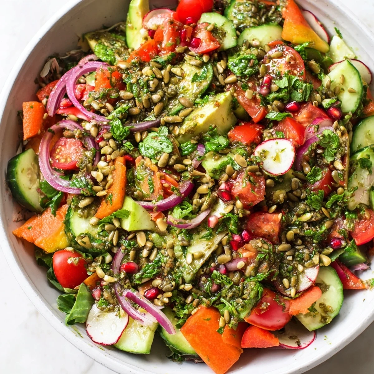 Bright bowl of New Year Veggie Salad with diced avocado, cherry tomatoes, and red bell peppers tossed in lemon-herb dressing.