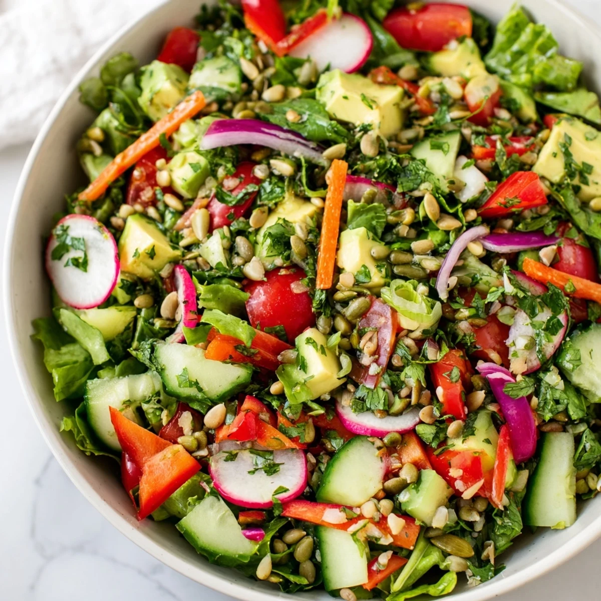 New Year Veggie Salad featuring crisp cucumbers, carrots, and radishes over mixed greens, topped with pomegranate seeds and sunflower seeds.