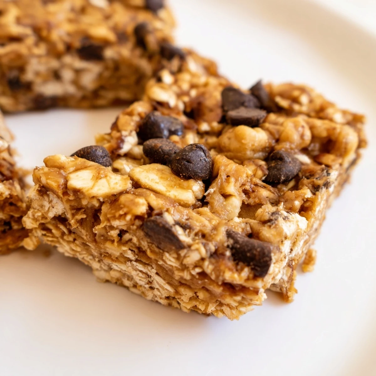 Perfectly baked Vegan Chickpea Bars with melted chocolate chips and chopped walnuts on a wooden board.