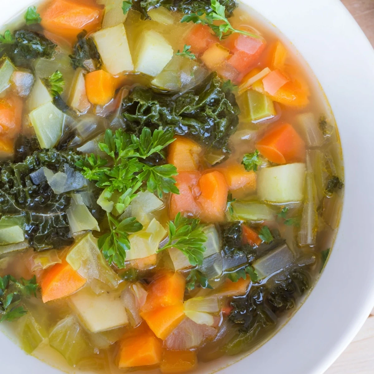A steaming bowl of Winter Green Soup, filled with vibrant greens and hearty vegetables.