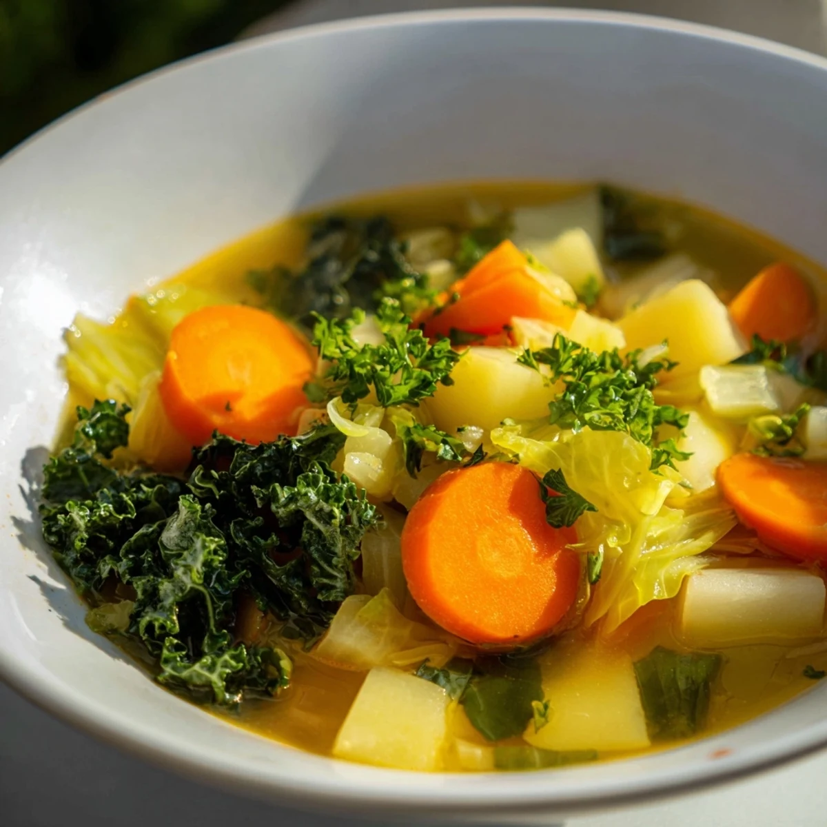 Freshly made Winter Green Soup, perfect for a cozy, comforting lunch on a chilly day.