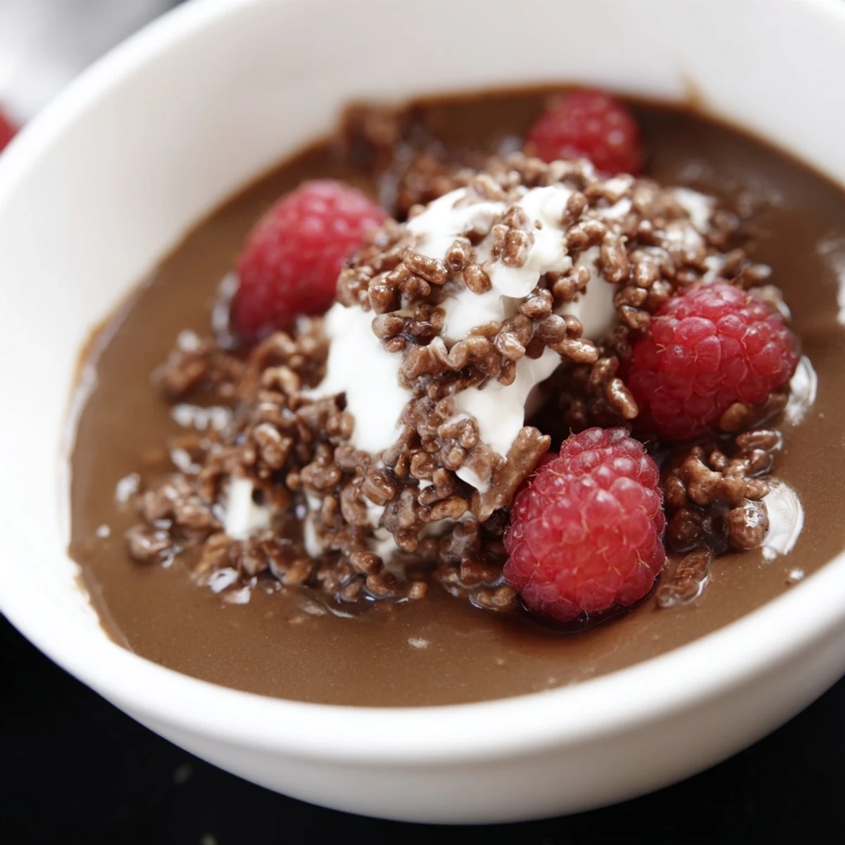 A single serving of Crisp Cacao Soup topped with a rich dark chocolate crisp and fresh raspberries.