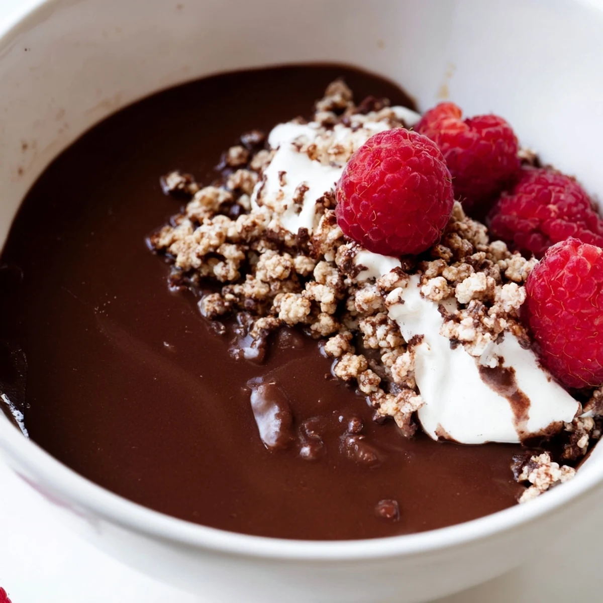 Steaming Crisp Cacao Soup with puffed rice and dark chocolate crisp, ready to eat with a spoon.