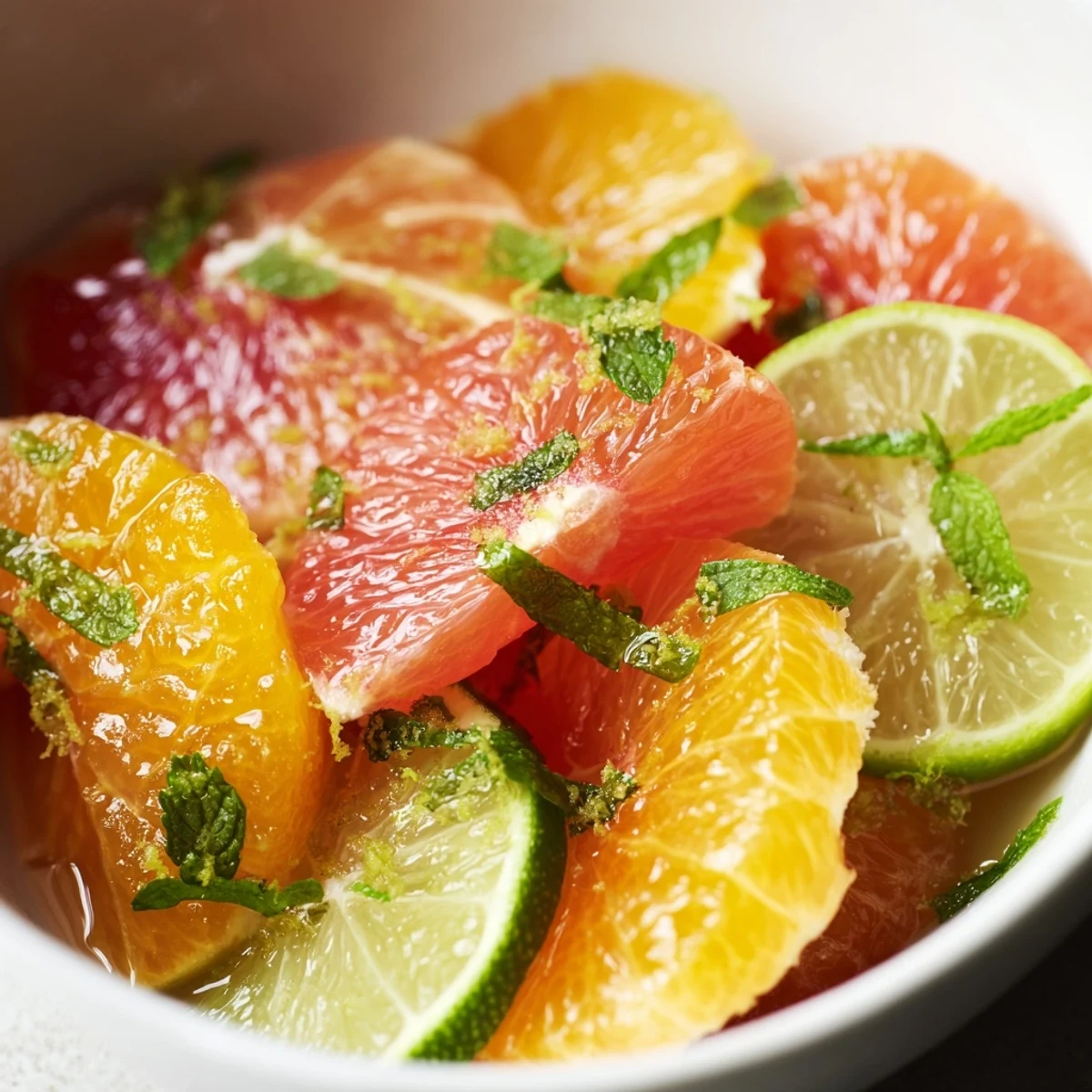 Fresh Citrus Bowl in a white bowl, showcasing vibrant orange and grapefruit segments with a sprinkle of fresh mint.